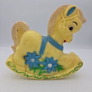Vtg 1960's Plastic Rocking Horse Chimes Rattle Jingle Toy Yellow w/Blue Flowers‎